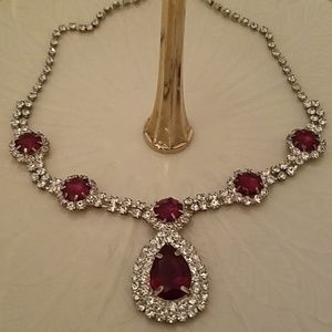 Fancy rhinestone and red gem costume necklace